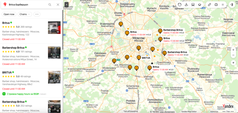 Брендированное размещение «Britva Барбершоп» в Яндекс.Картах