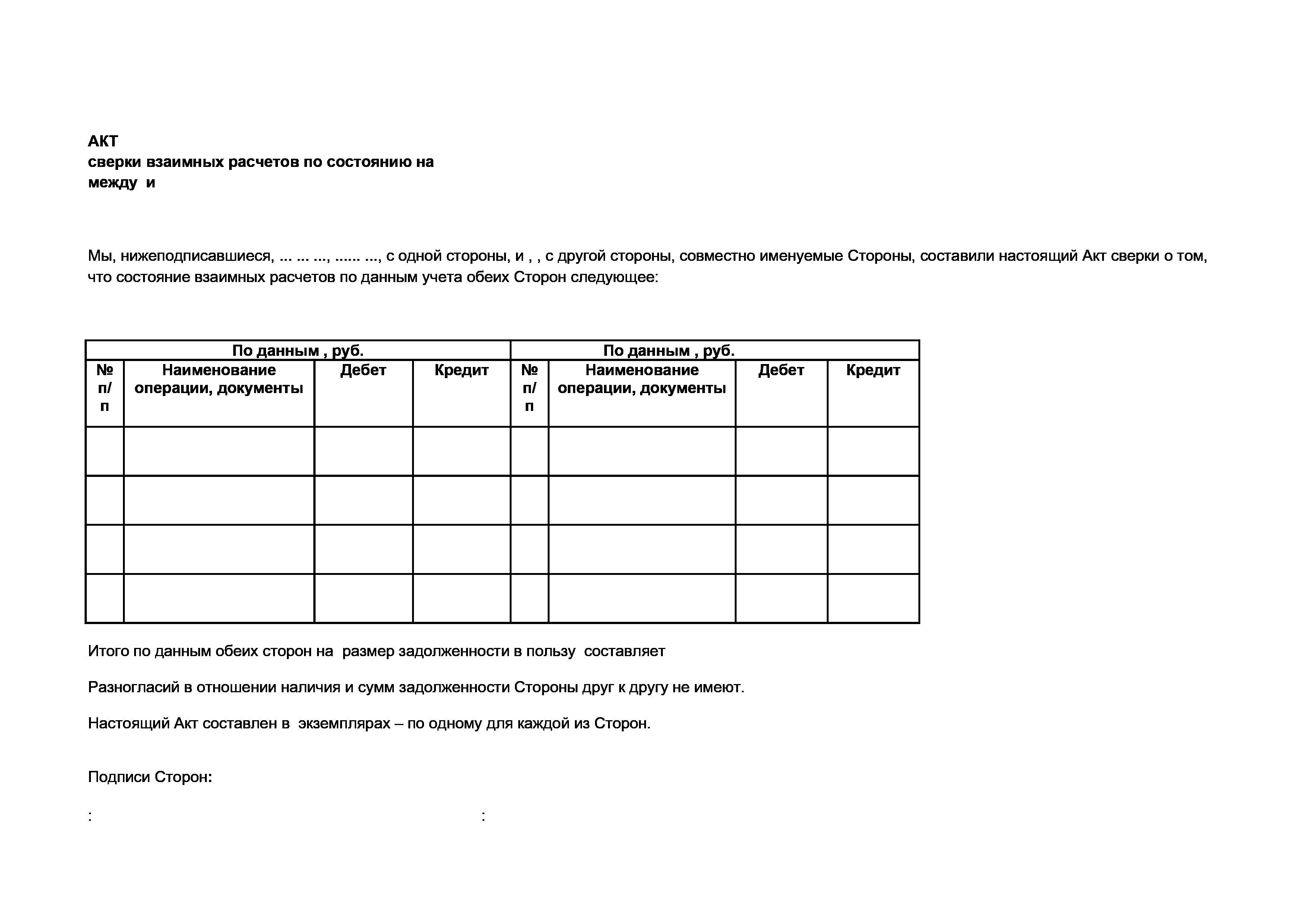 Скачать бланк: Акт сверки, образец заполнения формы
