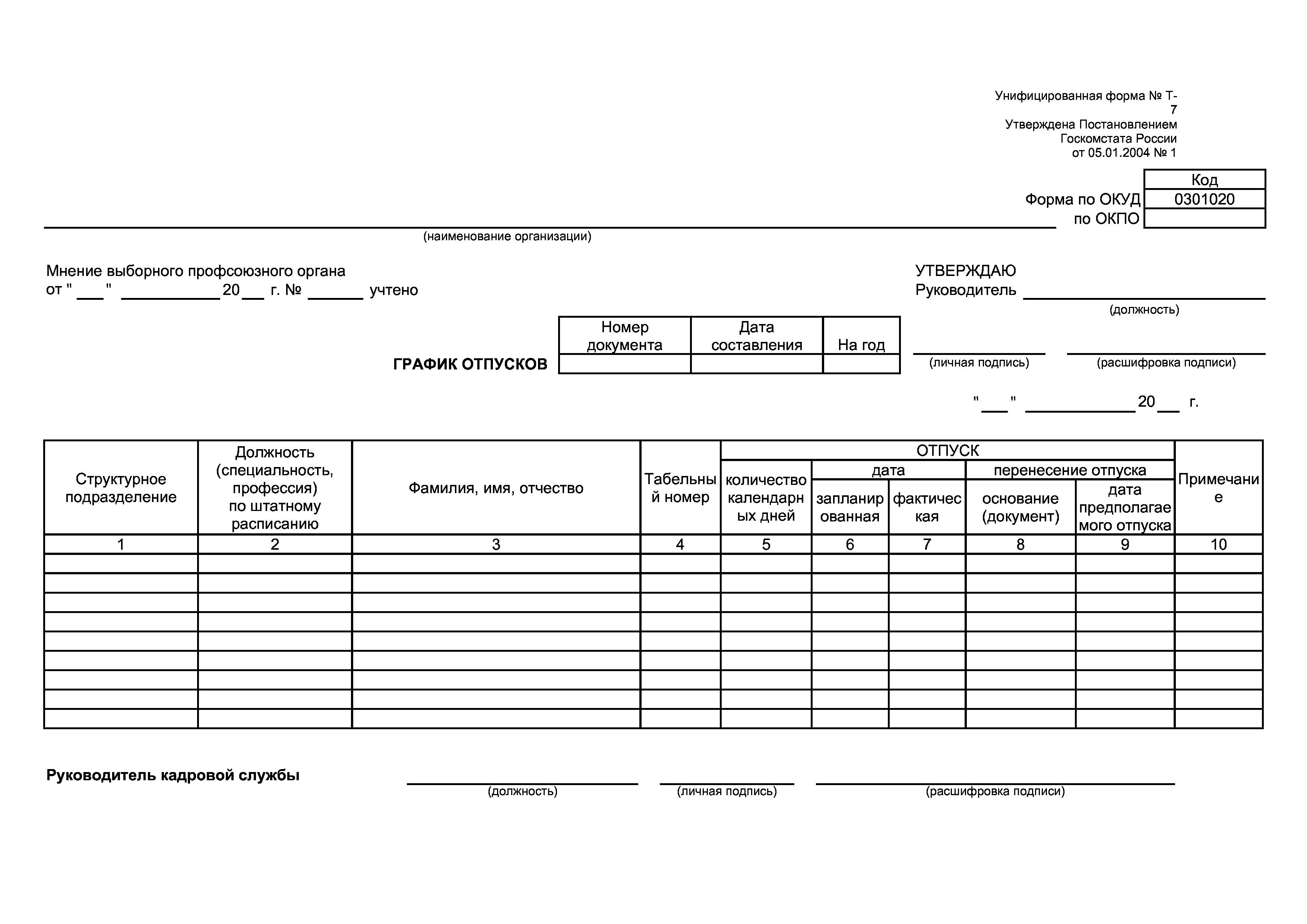 Бланк на отпуск 2024. Форма Графика отпусков унифицированная форма т-7. Форме т-7 график отпусков пример. График отпусков бланк образец заполнения. График отпусков т7 образец.