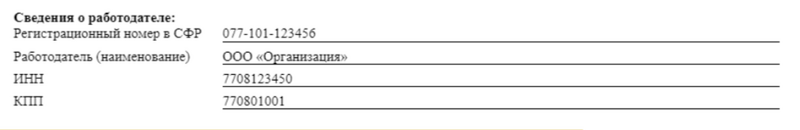 Образец заполнения сведений о работодателе