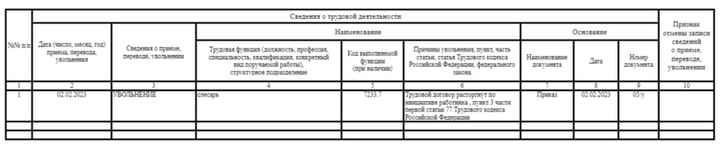 Образец заполнения таблицы в СТД-Р