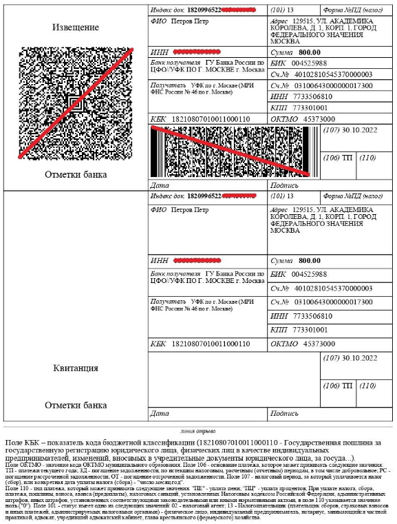 Образец квитанции на оплату госпошлины за регистрацию ИП в 2022 году