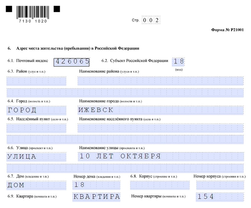 Образец заполнения р21001