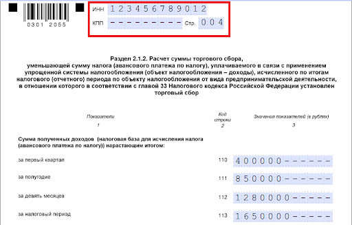 Пример заполнения декларации УСН с прочерками по КПП