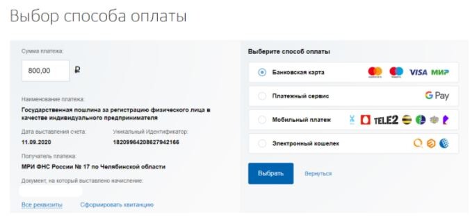 Варианты оплаты госпошлины за регистрацию ИП на Госуслугах