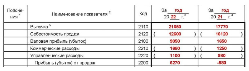 Пример заполнения данных о выручке и основных расходах