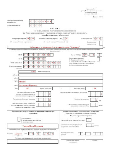 Титульный лист отчёта 4-ФСС для ООО без работников