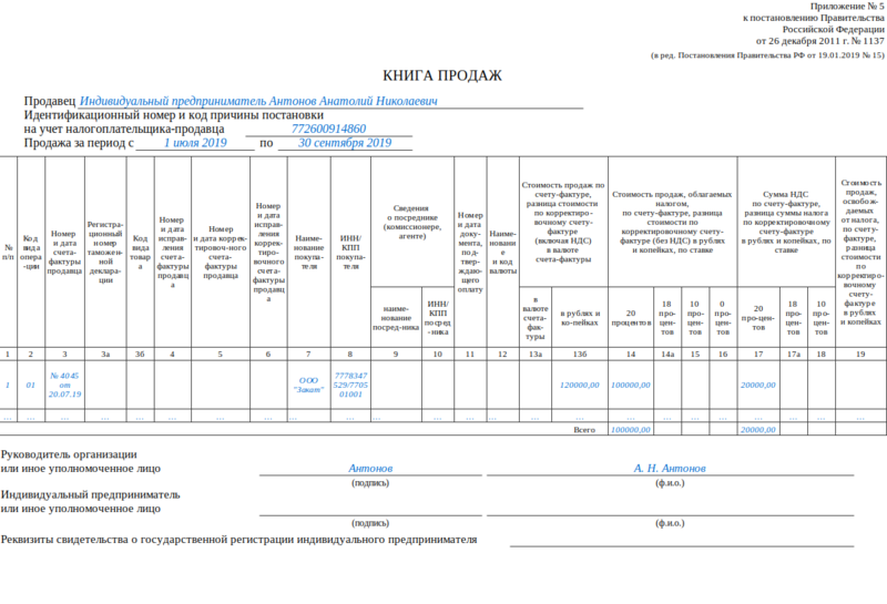 Образец заполнения книги продаж