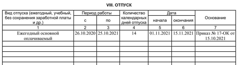 Образец раздела VIII личной карточки