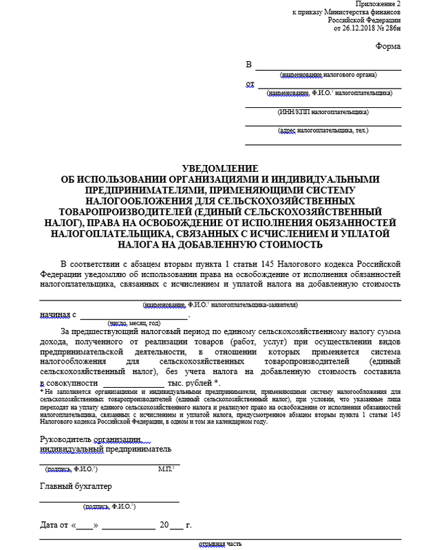 Уведомление об использовании организациями (ИП) права на освобождение от НДС Уведомление об использовании организациями (ИП) права на освобождение от НДС