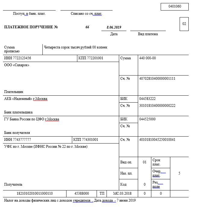 Платежное поручение на оплату НДФЛ