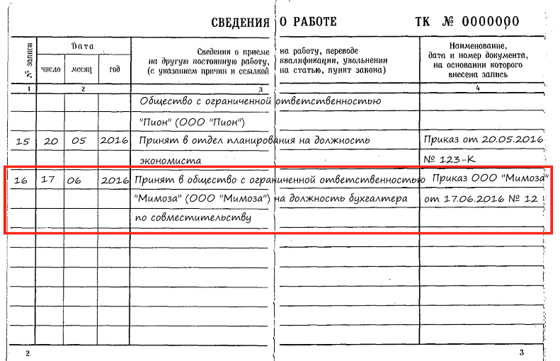 Заполнение трудовых книжек информацией о внешнем совместительстве