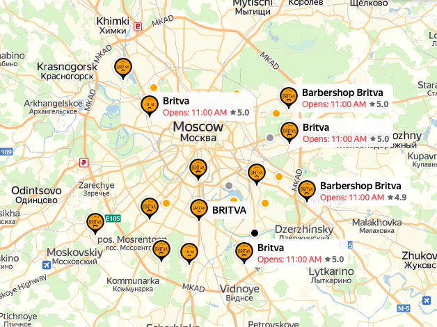 Брендированное размещение «Britva Барберошоп» в Яндекс.Картах