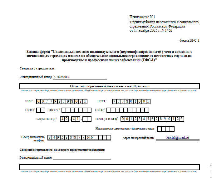 Титульный лист отчёта ЕФС-1 раздел 2 для ООО без работников