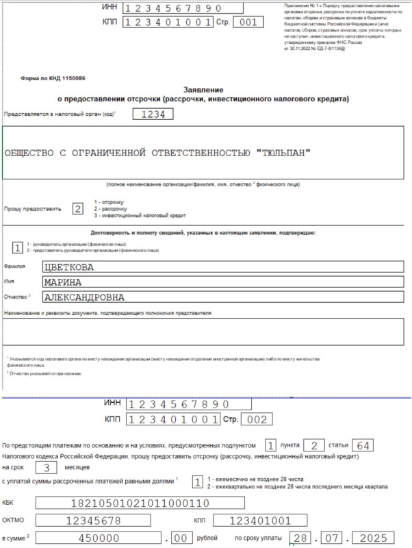 Образец заявления в ИФНС на рассрочку уплаты авансового платежа по УСН за полугодие 