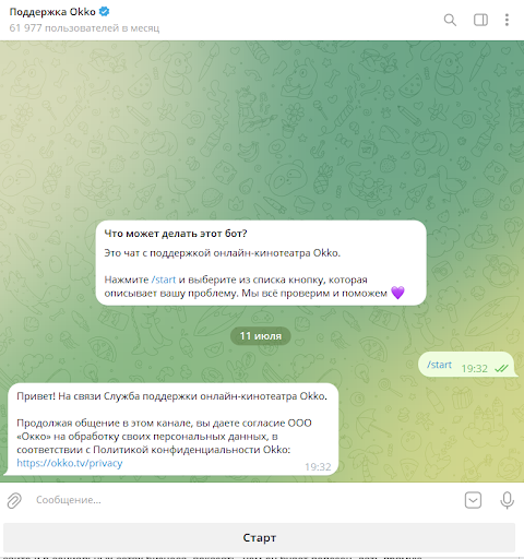 Чат-бот Okko в начале диалога предупреждает об обработке персональных данных 