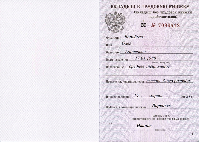 Вкладыш в трудовую книжку Вкладыш в трудовую книжку