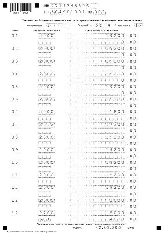 Образец справки 2-НДФЛ на 2020 год для ИФНС (конец)