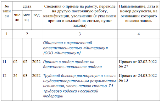 Пример отметки об увольнении в трудовой