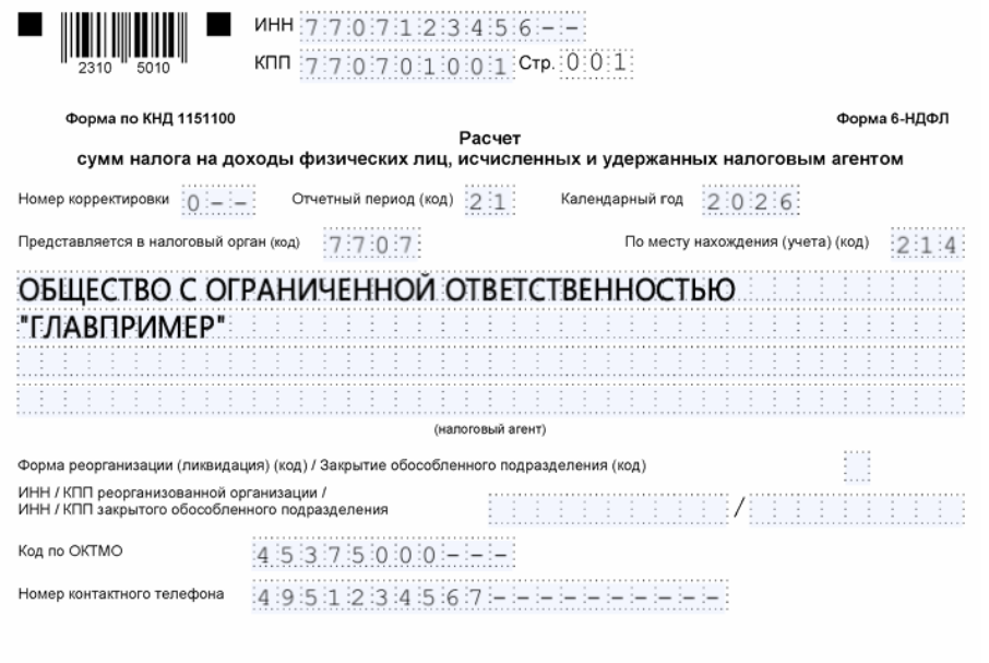 Титульный лист 6-НДФЛ для организаций