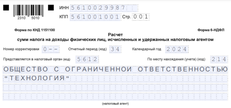 Образец заполнения кода периода представления — год