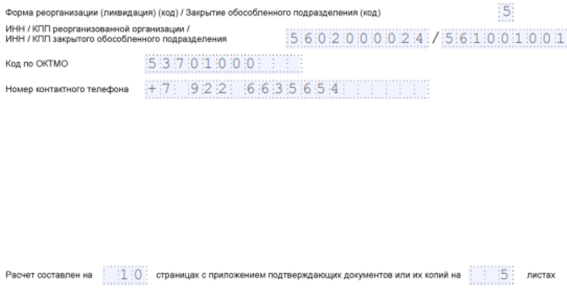 Образец заполнения блока титульного листа по реорганизации и дополнительной информации