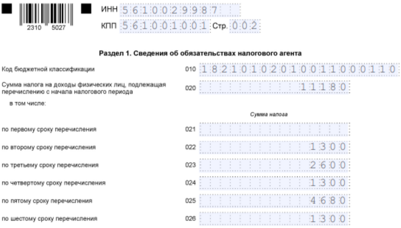 Пример заполнения раздела 1