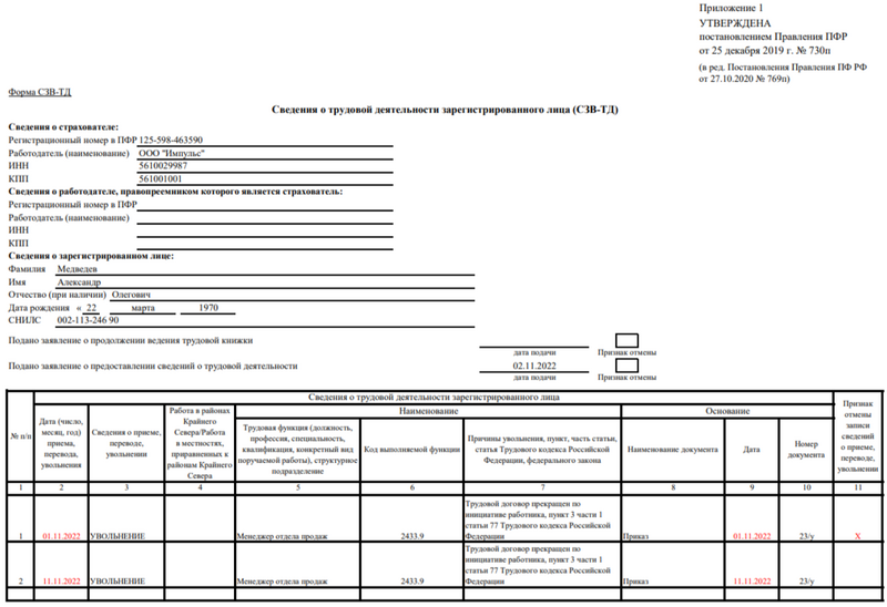 Образец корректировки даты увольнения в СЗВ-ТД