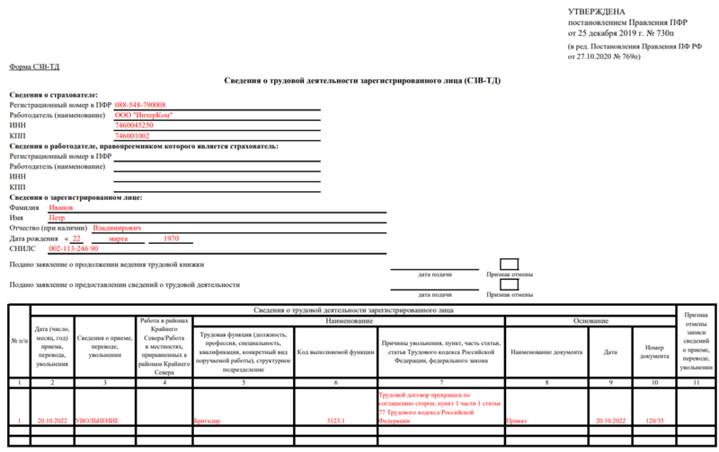 Образец СЗВ-ТД