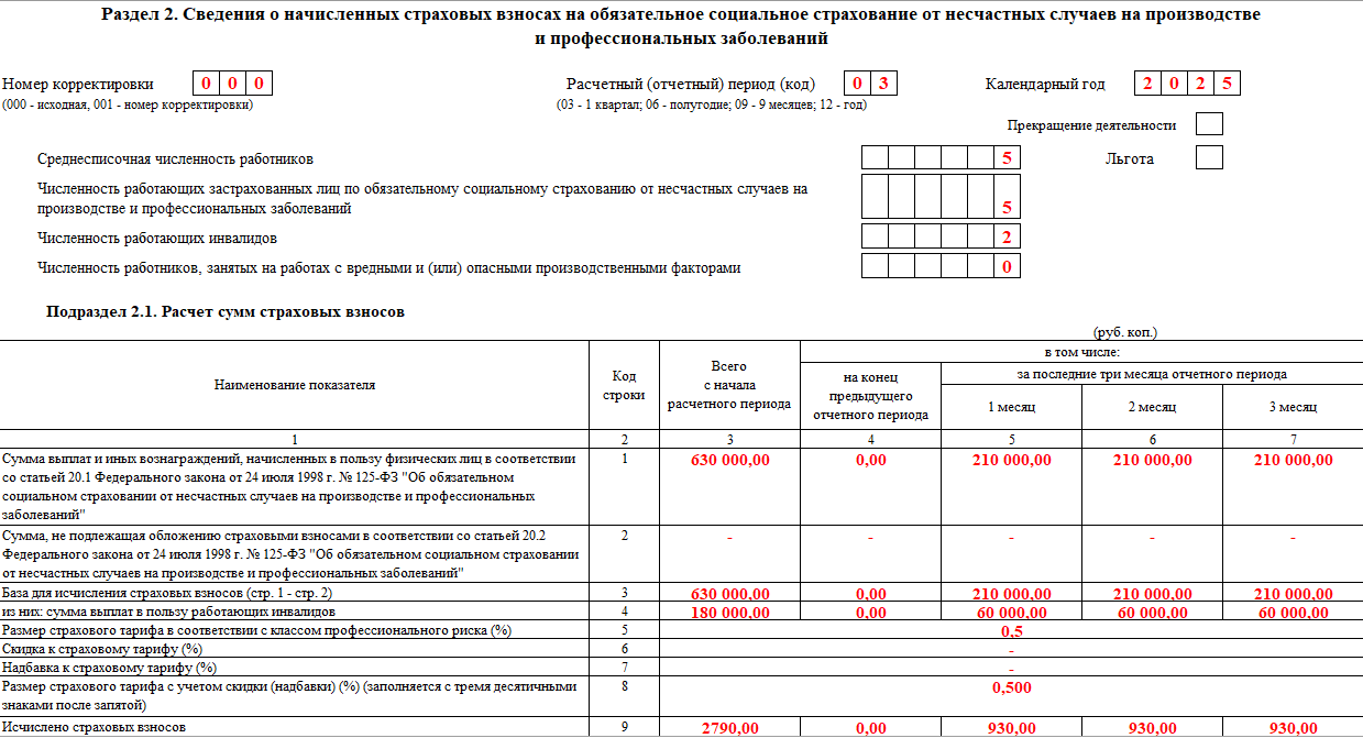 Пример оформления раздела 2 и подраздела 2.1 формы ЕФС-1
