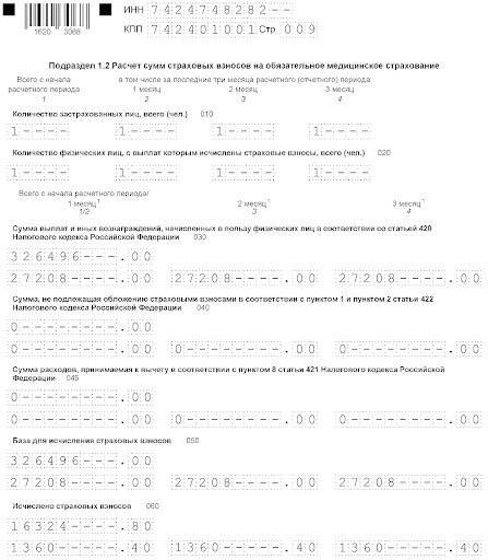 Образец заполнения подраздела 1.2 по льготному тарифу