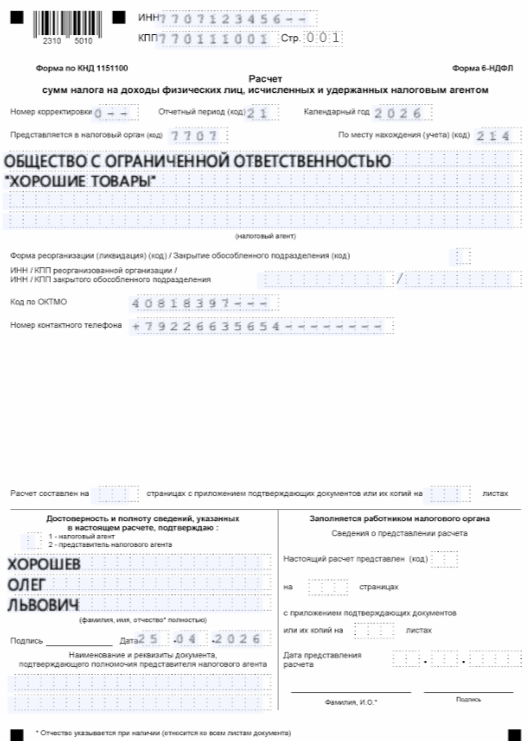 Образец нулевой 6-НДФЛ. Титульный лист