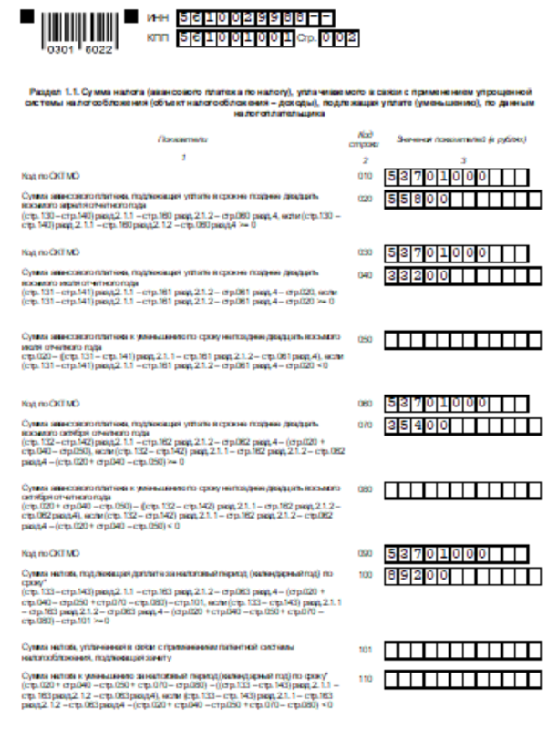 Образец заполнения раздела 1.1
