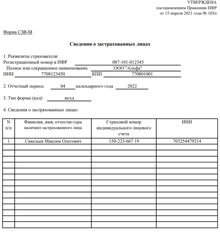 Образец заполнения СЗВ-М при увольнении сотрудника