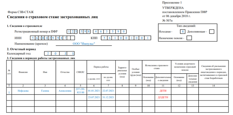 Образец заполнения СЗВ-СТАЖ на сотрудницу в двух отпусках по уходу за ребёнком