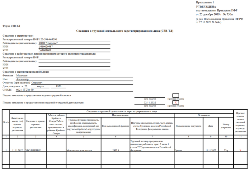 Образец отмены увольнения в СЗВ-ТД