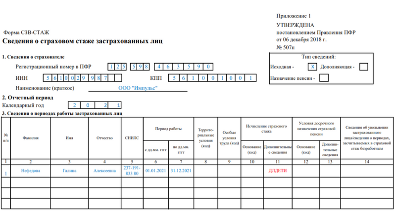 Образец заполнения СЗВ-СТАЖ на сотрудницу в отпуске по уходу за ребёнком до 3 лет