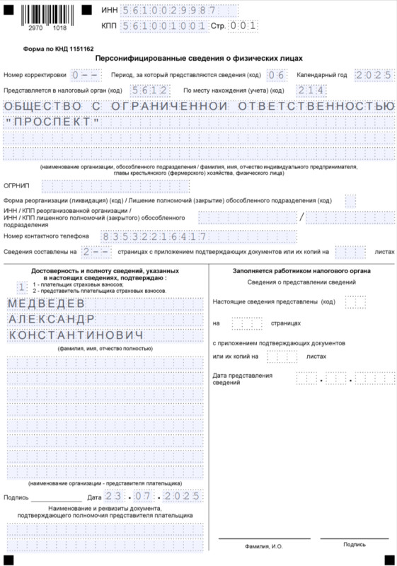 Образец заполнения титульника отчёта Персонифицированные сведениям о физлицах за июнь 2025 Образец заполнения титульника отчёта Персонифицированные сведениям о физлицах за июнь 2025