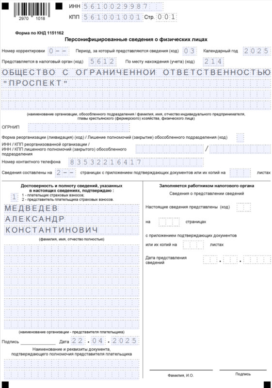 Образец заполнения титульника отчёта Персонифицированные сведениям о физлицах
