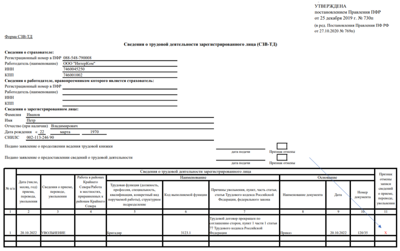 Образец СЗВ-ТД