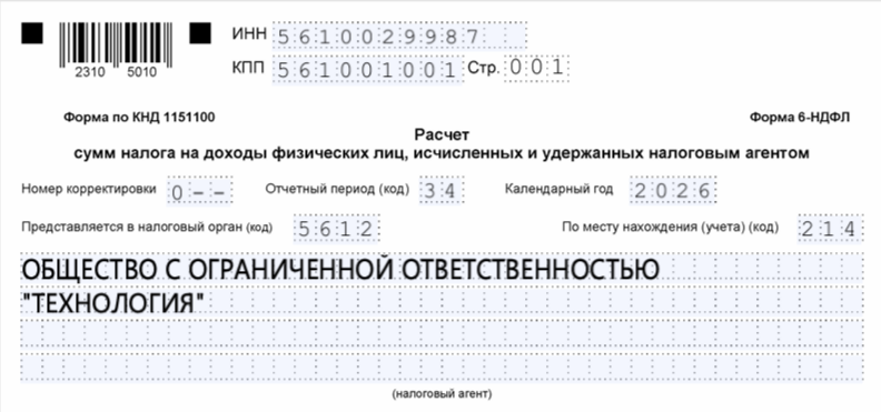 Образец заполнения кода периода представления — год