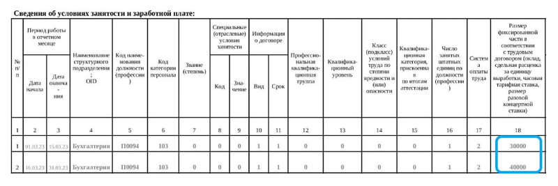 Образец с изменением данных в отчётном периоде