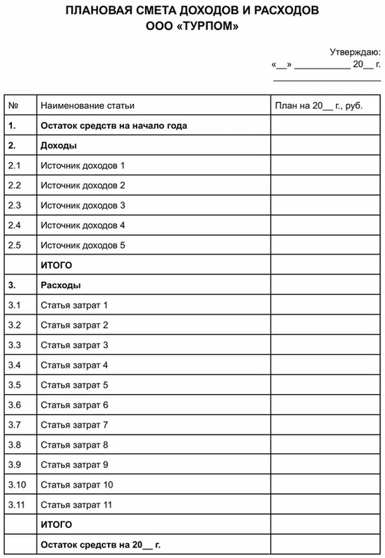 Пример формы сметы доходов и расходов